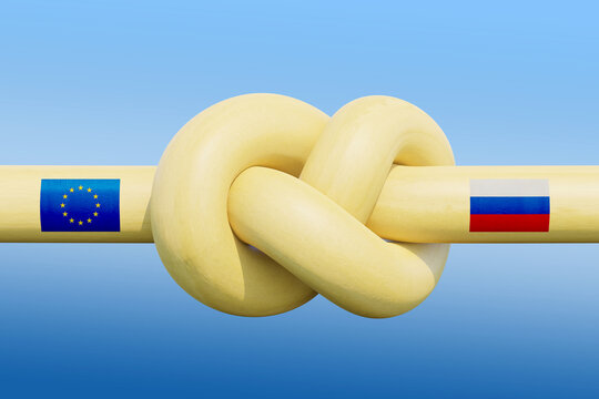 Gas pipeline between European Union and Russia is tied in a knot because of sanctions. 3D illustration
