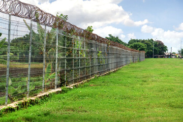 Road Outside Airport Lined by a Wire Fence with green grass and farm