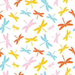Fototapeta na wymiar Colorful dragonflies seamless pattern with white background.