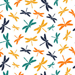 Colorful dragonflies seamless pattern with white background.