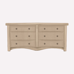 Hand drawn chest of drawers. Furniture with drawers for storage. Cozy home furnishings. Boho style. Design element. Isolated on white background. Raster illustration.

