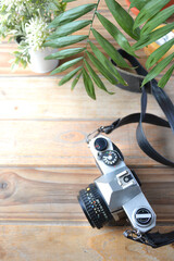 old photo camera on wooden background with plants and candle