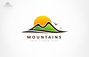 Mountains and sun logo vector. Nature design.