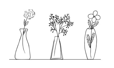 set of spring and summer flowers in hand-drawn doodle style vases. Vector illustration isolated on white background black lines