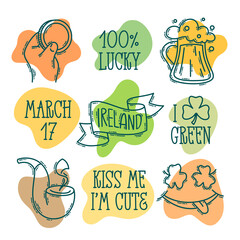 St. Patrick's Day doodle style hand-drawn icon set with simple engraving effect and lettering on an abstract blob shape. Cute Irish holiday symbols and elements collection.