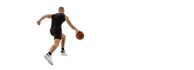 Fototapeta na wymiar Flyer with young muscled man, basketball player running with ball isolated on white studio background. Sport, motion, activity concepts.