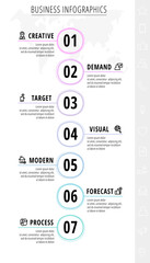 Obraz premium Line vector infographics with seven circles. Modern concept 7 icons with labels step by step for the app, business, website, interface, chart, levels, web, diagram, banner, presentations