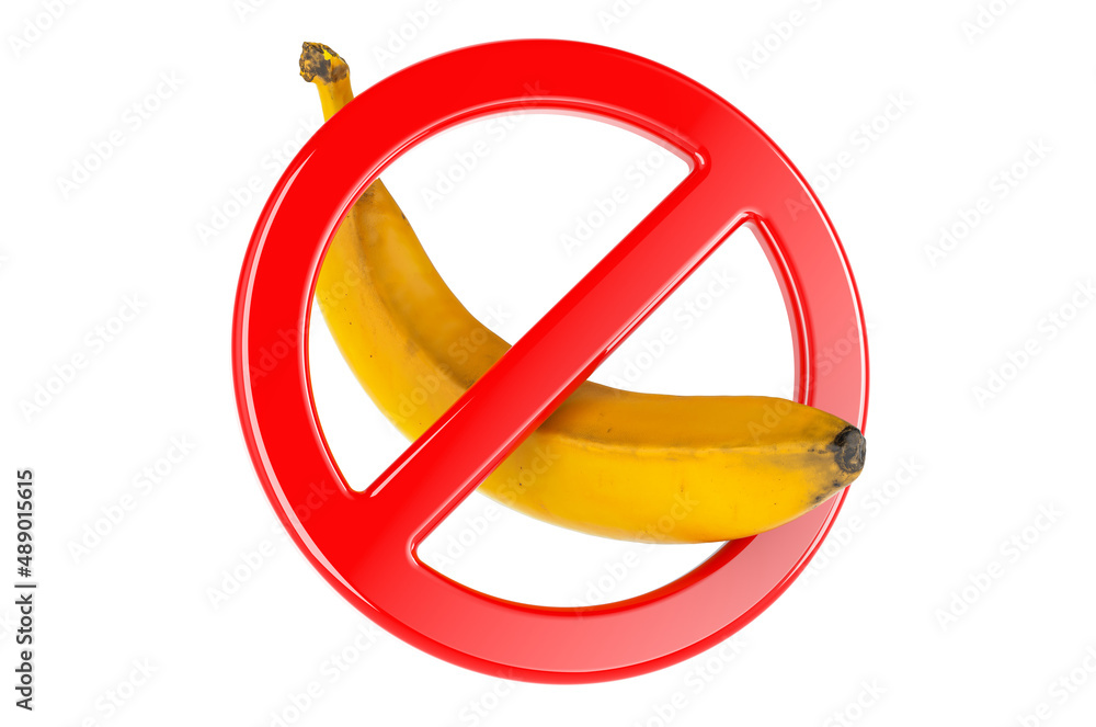 Poster banana with forbidden sign, 3d rendering