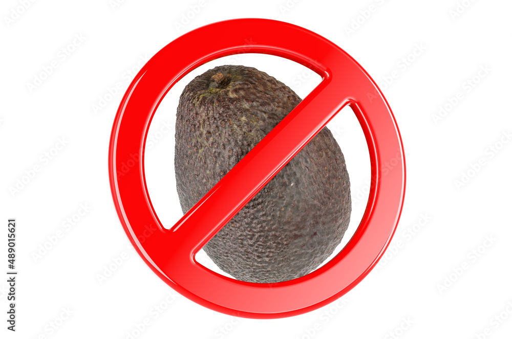 Poster avocado pear with forbidden sign, 3d rendering