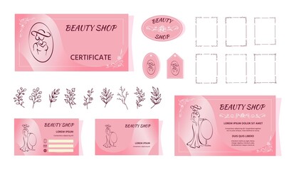 Beauty shop corporate identity. Outline of an elegant lady in evening dress. Floral frames, twigs. Hand-drawn sketch
