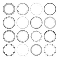 Mechanical clock faces, bezel. Watch dial with minute and hour marks. Timer or stopwatch element. Blank measuring circle scale with divisions. Vector illustration.
