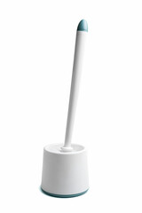 White plastic toilet brush in bowl isolated on white background. Tool for cleaning and hygiene of the toilet bowl.