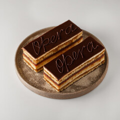 Opera cake layered chocolate mousse dessert - 489017896