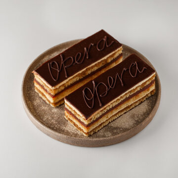 Opera cake layered chocolate mousse dessert