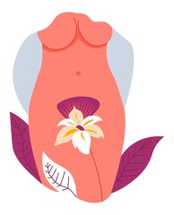 Feminine body with flower, naked woman and plant