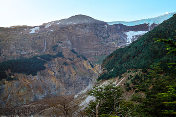 glacier on cerro tronador, ice on the rocks of the mountain tourist place in bariloche