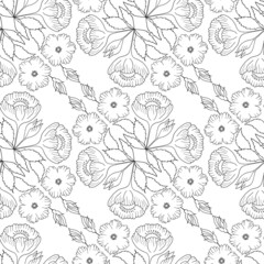 Seamless pattern black and white diagonal print with bouquets of decorative floral elements, hand drawn in black outline.