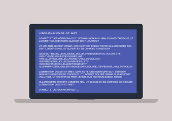 A laptop with white text on a blue error screen, software and hardware problems