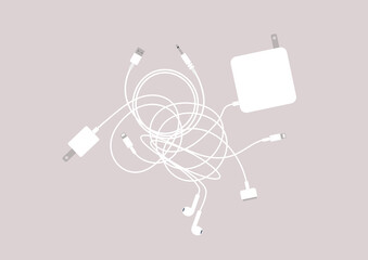 A set of laptop and mobile phone chargers, cables and earphones tangled in a big knot