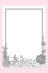 Rectangular postcard template with rectangular frame, with bouquets of spring floral branches hand drawn in black outline, space for your text.