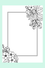 Rectangular postcard template with rectangular frame, with bouquets of spring floral cherries, sakura hand drawn in black outline, place for your text.