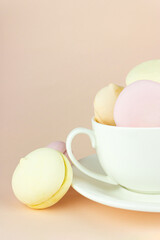 Colorful marshmallows looks like macaroons, sweet dessert in porcelain white coffee cup mug.