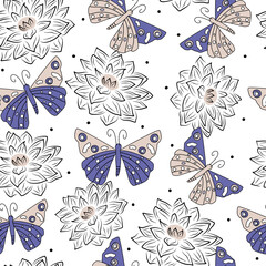 cute seamless vector pattern background illustration with cartoon butterflies, black confetti and flowers	
