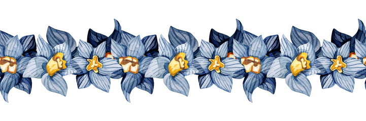 Seamless pattern with daffodils watercolor flowers on white background. Beautiful narcissus repeated border design for fabric, wallpaper, greeting cards.