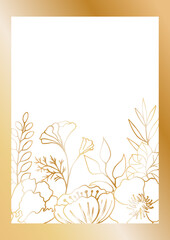 Rectangular postcard template with rectangular frames decorated with bouquets of field and forest herbs and flowers on a golden background, freehand drawing with a golden gradient.