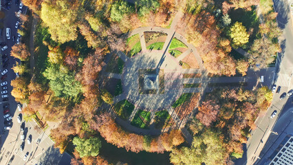 Monument to space engineer Tsiolkovsky, Kaluga park, aerial view, Russia
