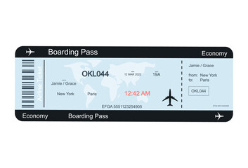 Airline ticket or boarding pass for traveling by airplane. Vector image on white background - obrazy, fototapety, plakaty