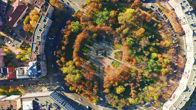 Monument to space engineer Tsiolkovsky, Kaluga park, aerial view, Russia