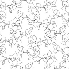 Seamless pattern black and white print with bouquets of branches of flowering magnolias, hand drawn in black outline.