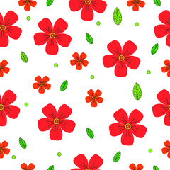 Red flowers vector illustration green leaves on white background seamless pattern for fabric, paper design 