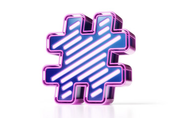 Cyberpunk style hashtag 3D symbol in blue and purple. High quality 3D rendering.