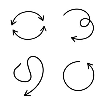 A set of rounded arrows, arrows in the form of a circle. Hand drawn arrows, pointers in doodle style. Vector illustration.