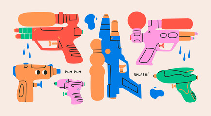 Set of various water Guns. Plastic summer toys for children. Space laser guns design. Cartoon style pump pistols. Hand drawn modern Vector illustrations. All elements are isolated © Dariia