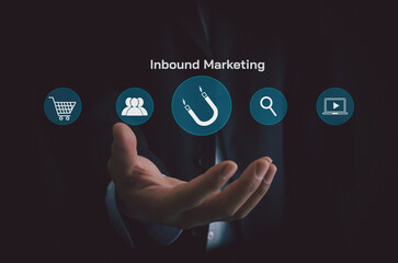 Hand businessman icon Inbound marketing virtual screen Internet Business big data Technology Concept.
