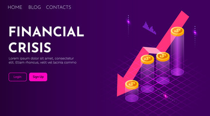Financial crisis. Descending arrow on stacks of coins. Loss symbol. Landing page
