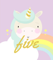 Birthday Party, Greeting Card, Party Invitation. Kids illustration with Cute Magic Unicorn and an inscription five. Vector illustration in cartoon style.