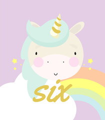 Birthday Party, Greeting Card, Party Invitation. Kids illustration with Cute Magic Unicorn and an inscription six. Vector illustration in cartoon style.