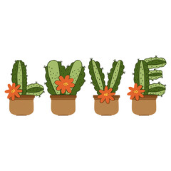 Trendy illustration with cactus for decorative design. Love cactus lettering.