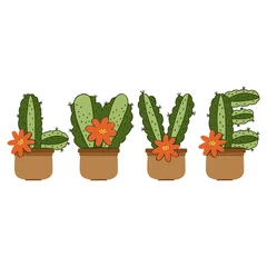 Zelfklevend Fotobehang Cactus in pot Trendy illustration with cactus for decorative design. Love cactus lettering.