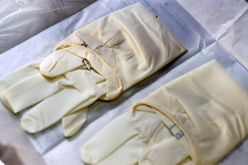 Set of latex gloves on a table