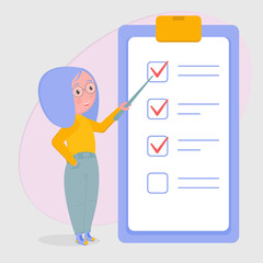 Girl in round glasses with pointer in hand shows on a large list with ticks in green pants with purple hair, flat drawing, vector