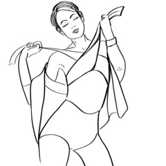 linear drawing of a girl with short hair tying a cloth on her chest