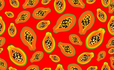 Papaya as a background. Juicy and bright fruit in the section with seeds.  Orange-yellow papaya with different background colors. A modern pattern for the website, packaging, and cover.