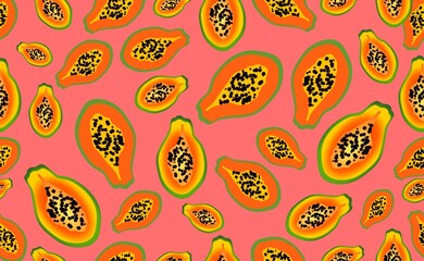 Papaya as a background. Juicy and bright fruit in the section with seeds.  Orange-yellow papaya with different background colors. A modern pattern for the website, packaging, and cover.