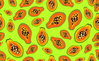 Papaya as a background. Juicy and bright fruit in the section with seeds.  Orange-yellow papaya with different background colors. A modern pattern for the website, packaging, and cover.