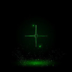 A large green outline abstract star symbol on the center. Green Neon style. Neon color with shiny stars. Vector illustration on black background
